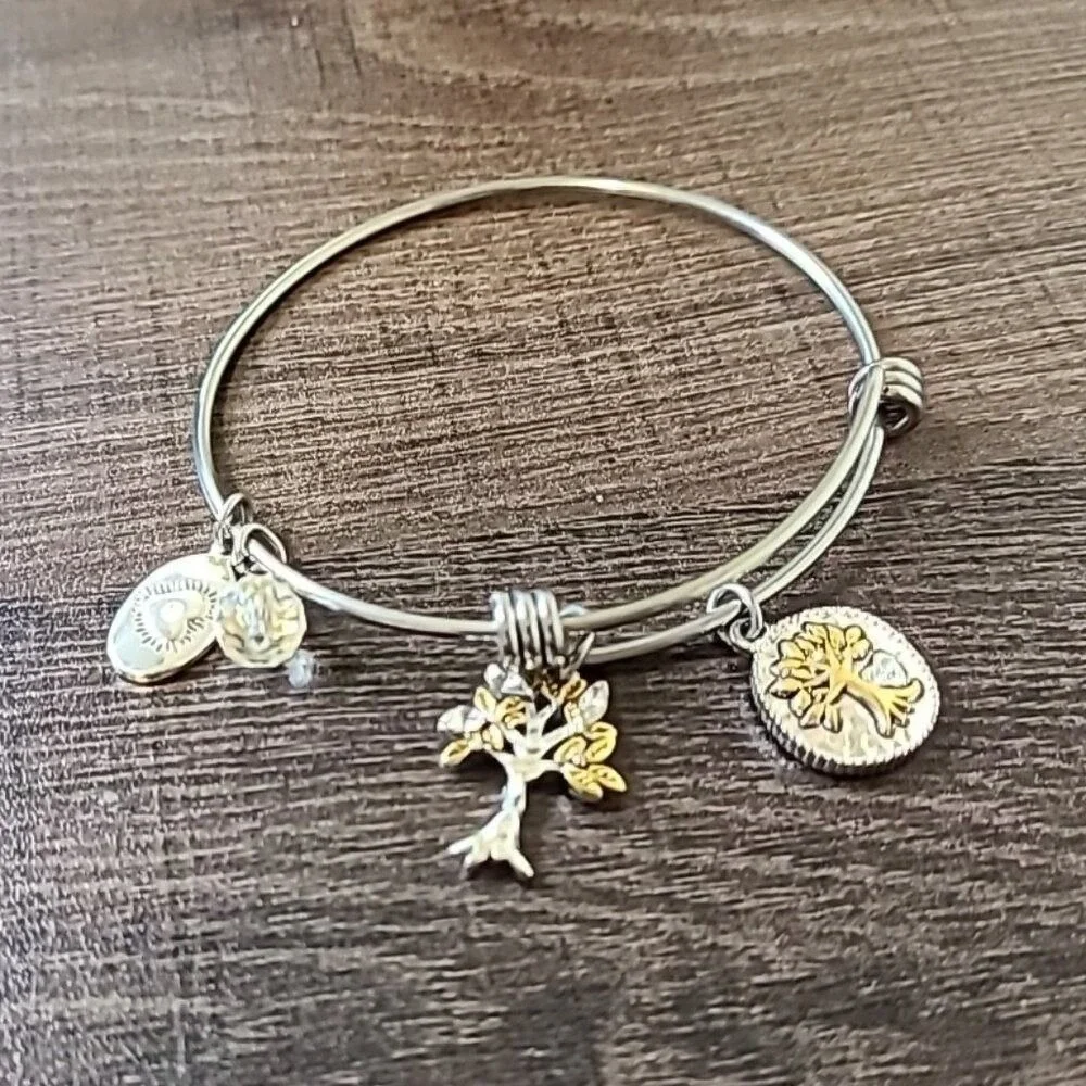 Footnotes Tree of Life‎ Expandable Bangle Bracelet Silver Gold Tone Charms